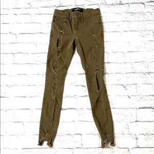 Express Mid Rise Ankle Legging Stretchy Olive Green Distressed Denim Jegging 00R